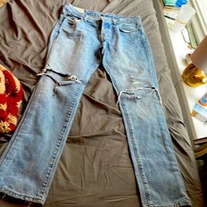 Abercrombie & Fitch slim straight medium wash jeans- destroyed knees, button up